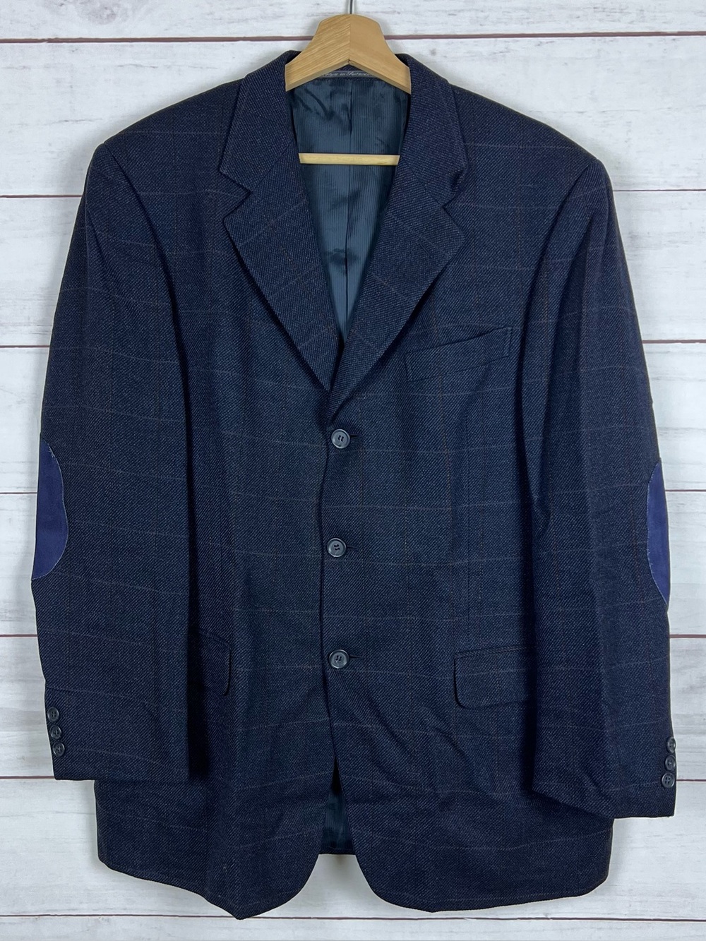 Ermenegildo Zegna Wool Plaid Blazer Navy Elbow Patch Size 42R Sport Coat